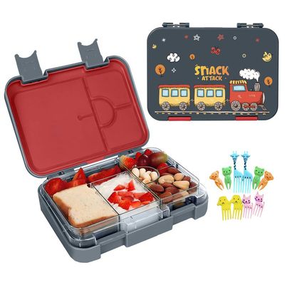 Snack Attack Lunch Box for kids School Gray & Red, Bento Lunch Box l 4/6 Convertible Compartments | BPA FREE & LEAK PROOF| (Gray & Red Train)