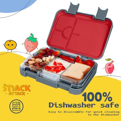 Snack Attack Lunch Box for kids School Gray & Red, Bento Lunch Box l 4/6 Convertible Compartments | BPA FREE & LEAK PROOF| (Gray & Red Train)