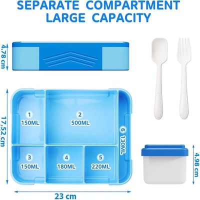صندوق غداء للأطفال على شكل صندوق بينتو، صندوق غداء مع مجموعة أدوات مائدة مكونة من 5 مقصورات، صندوق بينتو مقاوم للتسرب، صناديق وجبات خفيفة للأطفال والكبار في المدرسة والنزهات والرحلات (أزرق) 1330 مل