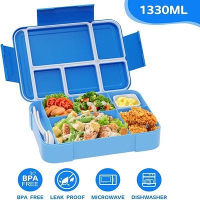 Lunch box for kids school Bento box style, Lunch Box with 5 Compartments Cutlery Set, Leak-Proof Bento Box Snack Boxes for Kids Adults School, Picnic, Trips (Blue) 1330ML