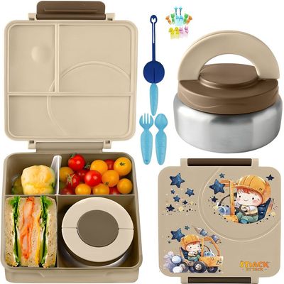 Snack Attack Bento Lunch Box for Kids school with 9.7oz Soup thermos, Leak-proof Lunch Containers with 5 Compartment, thermos Food Jar, Food Containers for School Khaaki Construction color