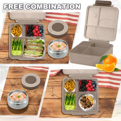 Snack Attack Bento Lunch Box for Kids school with 9.7oz Soup thermos, Leak-proof Lunch Containers with 5 Compartment, thermos Food Jar, Food Containers for School Khaaki Construction color