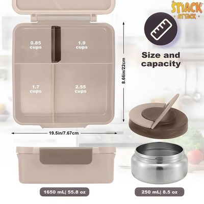 Snack Attack Bento Lunch Box for Kids school with 9.7oz Soup thermos, Leak-proof Lunch Containers with 5 Compartment, thermos Food Jar, Food Containers for School Khaaki Construction color