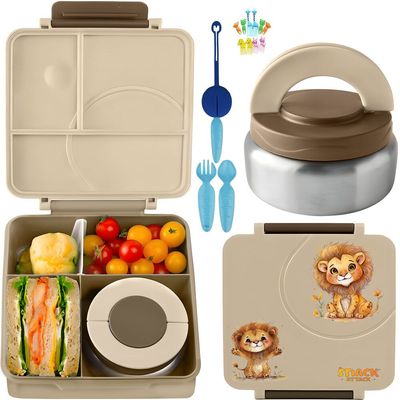 Snack Attack Bento Lunch Box for Kids school with 9.7oz Soup thermos, Leak-proof Lunch Containers with 5 Compartment, thermos Food Jar, Food Containers for School Khaaki Lion color