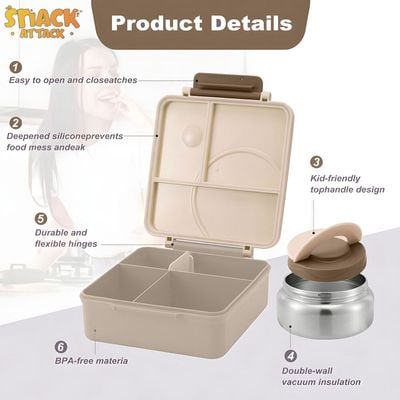 Snack Attack Bento Lunch Box for Kids school with 9.7oz Soup thermos, Leak-proof Lunch Containers with 5 Compartment, thermos Food Jar, Food Containers for School Khaaki Lion color