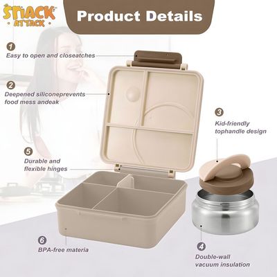 Snack Attack Bento Lunch Box for Kids school with 9.7oz Soup thermos, Leak-proof Lunch Containers with 5 Compartment, thermos Food Jar, Food Containers for School Gray Khaaki Dino  Freind color