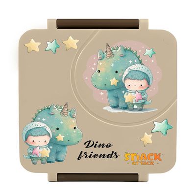 Snack Attack Bento Lunch Box for Kids school with 9.7oz Soup thermos, Leak-proof Lunch Containers with 5 Compartment, thermos Food Jar, Food Containers for School Gray Khaaki Dino  Freind color