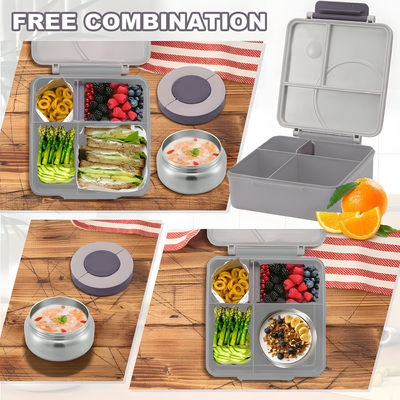 Snack Attack Bento Lunch Box for Kids school with 9.7oz Soup thermos, Leak-proof Lunch Containers with 5 Compartment, thermos Food Jar, Food Containers for School Gray Honey Bee color