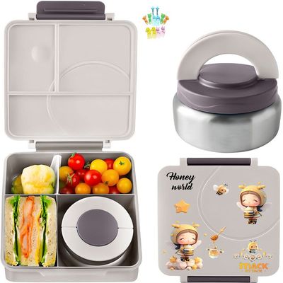 Snack Attack Bento Lunch Box for Kids school with 9.7oz Soup thermos, Leak-proof Lunch Containers with 5 Compartment, thermos Food Jar, Food Containers for School Gray Honey Bee color