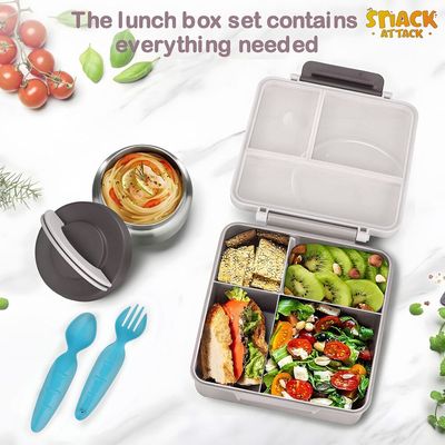 Snack Attack Bento Lunch Box for Kids school with 9.7oz Soup thermos, Leak-proof Lunch Containers with 5 Compartment, thermos Food Jar, Food Containers for School Gray Honey Bee color