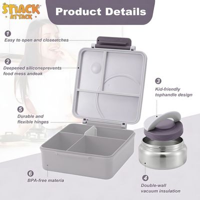 Snack Attack Bento Lunch Box for Kids school with 9.7oz Soup thermos, Leak-proof Lunch Containers with 5 Compartment, thermos Food Jar, Food Containers for School Gray Honey Bee color