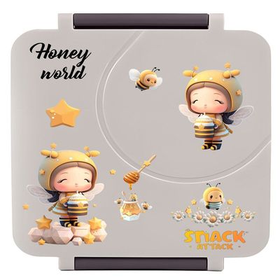 Snack Attack Bento Lunch Box for Kids school with 9.7oz Soup thermos, Leak-proof Lunch Containers with 5 Compartment, thermos Food Jar, Food Containers for School Gray Honey Bee color