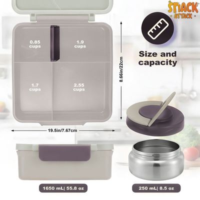 Snack Attack Bento Lunch Box for Kids school with 9.7oz Soup thermos, Leak-proof Lunch Containers with 5 Compartment, thermos Food Jar, Food Containers for School Gray Honey Bee color