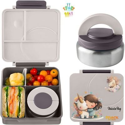 Snack Attack Bento Lunch Box for Kids school with 9.7oz Soup thermos, Leak-proof Lunch Containers with 5 Compartment, thermos Food Jar, Food Containers for School Gray Unicorn Hug color
