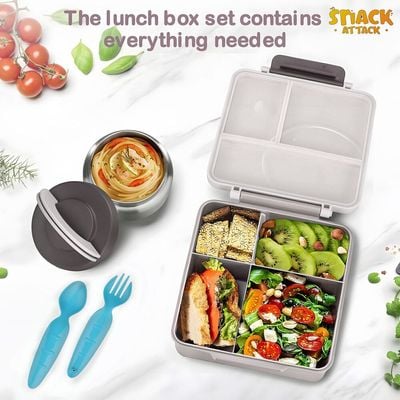 Snack Attack Bento Lunch Box for Kids school with 9.7oz Soup thermos, Leak-proof Lunch Containers with 5 Compartment, thermos Food Jar, Food Containers for School Gray Bear Pilot color
