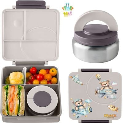 Snack Attack Bento Lunch Box for Kids school with 9.7oz Soup thermos, Leak-proof Lunch Containers with 5 Compartment, thermos Food Jar, Food Containers for School Gray Bear Pilot color
