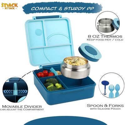 Snack Attack Bento Lunch Box for Kids school with 9.7oz Soup thermos, Leak-proof Lunch Containers with 5 Compartment, thermos Food Jar, Food Containers for School Blue color