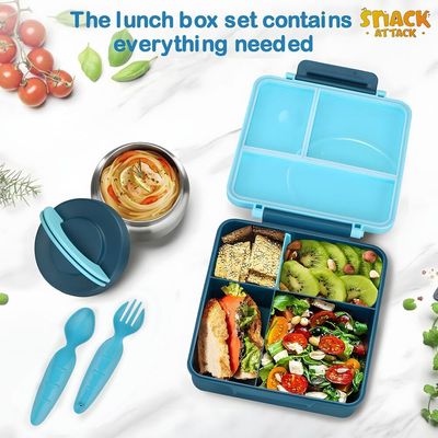 Snack Attack Bento Lunch Box for Kids school with 9.7oz Soup thermos, Leak-proof Lunch Containers with 5 Compartment, thermos Food Jar, Food Containers for School Blue color