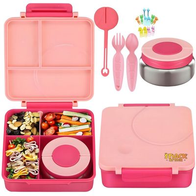 Snack Attack Bento Lunch Box for Kids school with 9.7oz Soup thermos, Leak-proof Lunch Containers with 5 Compartment, thermos Food Jar, Food Containers for School Pink color