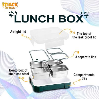 Snack Attack TM Lunch Box for kids School Bento Box Stainless Steel for Adults Tiffin – 720ML 3-Compartments Leak proof with Insulated Lunch Bag |BPA Free (Green, Stainless Steel)