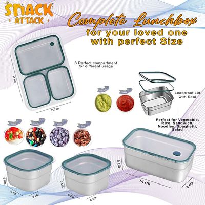 Snack Attack TM Lunch Box for kids School Bento Box Stainless Steel for Adults Tiffin – 720ML 3-Compartments Leak proof with Insulated Lunch Bag |BPA Free (Green, Stainless Steel)