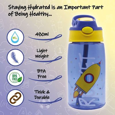 Kids Water Bottle with Straw, BPA Free, Rotating Design, Great for Toddlers and Preschoolers (Blue Space)