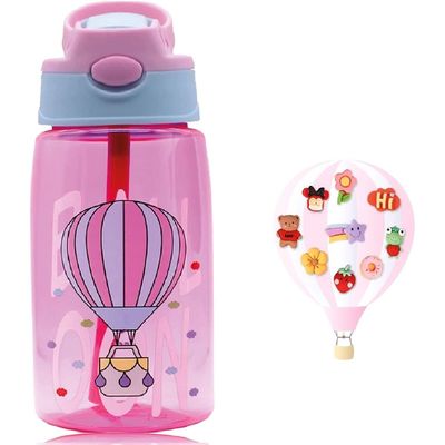 Kids Water Bottle with Straw, BPA Free, Rotating Design, Great for Toddlers and Preschoolers (Pink Baloon)