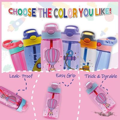 Kids Water Bottle with Straw, BPA Free, Rotating Design, Great for Toddlers and Preschoolers (Pink Baloon)