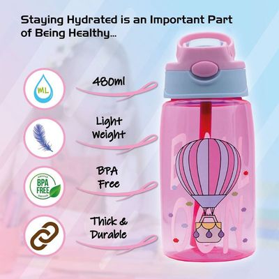 Kids Water Bottle with Straw, BPA Free, Rotating Design, Great for Toddlers and Preschoolers (Pink Baloon)