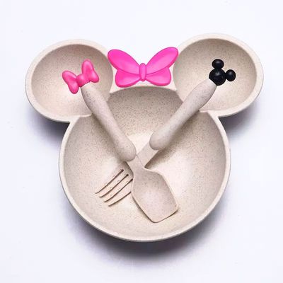 Snack attack Minnie Mouse Plates in Cream color with Spoon & Fork perfect for kids, parties or Disney themed event made with Wheat Straw Bringing fun and sustainability to the table (Cream)