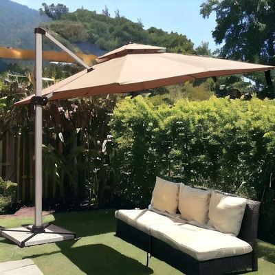 Wooden Twist Sunshade Aluminium Garden Umbrella with Rotating Handle Stylish Outdoor Patio Decor and UV-Resistant Canopy (Khaki)