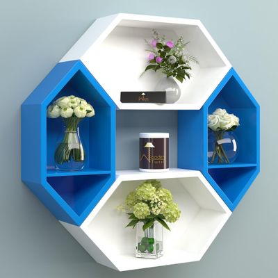Wooden Pared Hexagon Floating Wall Shelf with 4 Shelves