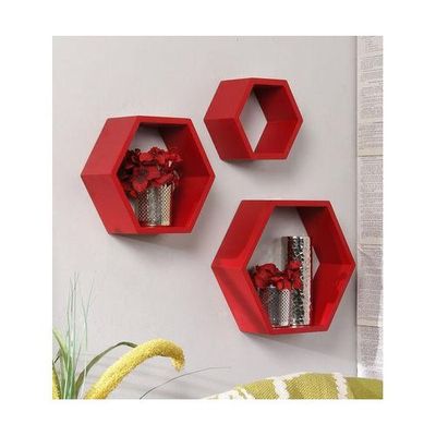 Hexagonal Shape Wooden Floating Wall Shelves Set of 3