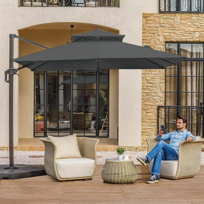 Wooden Twist Sunshade Aluminium Garden Umbrella with Rotating Handle Stylish Outdoor Patio Decor and UV-Resistant Canopy Grey 3 x 3 Meter