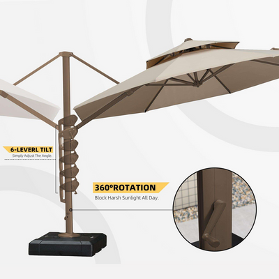 Wooden Twist Sunshade Aluminium Garden Water Base Round Umbrella with Rotating Handle Stylish Outdoor and UV-Resistant Canopy Beige 3 x 3 Meter