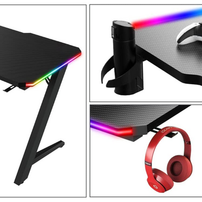 Gaming Desk Table With RGB light, Computer Desk, Cup Holder and Headphone Hook Gamer Workstation Game Table - ZS2