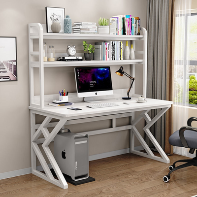 Industrial Computer Desk, Metal and Wood Home Office Desk with Storage Shelves - White