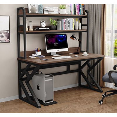 Industrial Computer Desk, Metal and Wood Home Office Desk with Storage Shelves - Brown