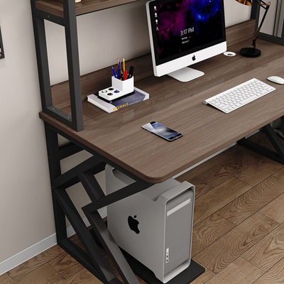 Industrial Computer Desk, Metal and Wood Home Office Desk with Storage Shelves - Brown