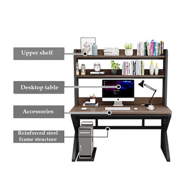 Industrial Computer Desk, Metal and Wood Home Office Desk with Storage Shelves - Brown