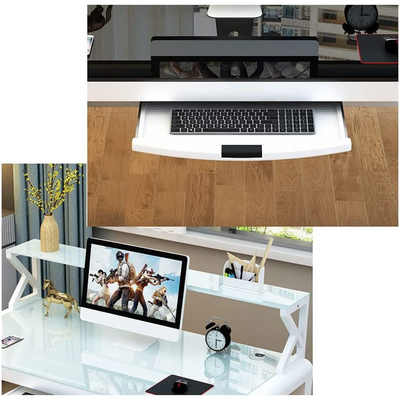 Gaming Table, Computer Desk PC Gamer Table, Tempered Glass Tabletop, Metal Sturdy Frame with Shelf - White