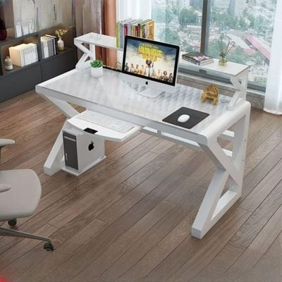 Gaming Table, Computer Desk PC Gamer Table, Tempered Glass Tabletop, Metal Sturdy Frame with Shelf - White