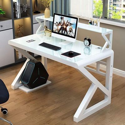 Gaming Table, Computer Desk PC Gamer Table, Tempered Glass Tabletop, Metal Sturdy Frame with Shelf - White