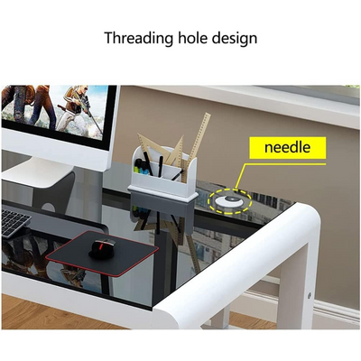 Gaming Table, Computer Desk PC Gamer Table, Tempered Glass Tabletop, Metal Sturdy Frame with Shelf - White