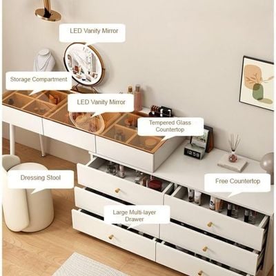 Dressing Table Makeup Vanity Table  Large Bedroom Dressing  Storage Drawers Cabinet Mirror and Stool - white