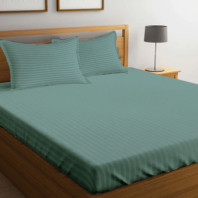 BYFT Tulip (Sea Green) Queen Size Fitted Sheet with 1 cm Satin Stripe (160 x 210 + 30 Cm-Set of 1 Pc) 100% Cotton, Soft and Luxurious Hotel Quality Bed linen-300 TC