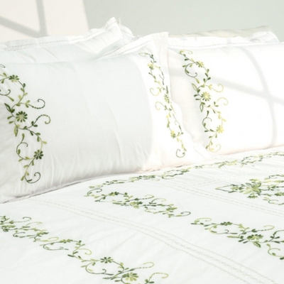 3Pcs Duvet Cover Set 100% Cotton Green Embroidery For Queen, King And Super King Size Bed