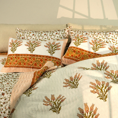 6 Pcs Revirsible Design 100% Organic Cotton Quilt Set Floral Orange Blockprint Suitable For Queen, King And Super King Size Bed