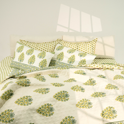 6 Pcs Reversible Design 100% Organic Cotton Quilt Set Floral Green  Blockprint Suitable For Queen, King And Super King Size Bed