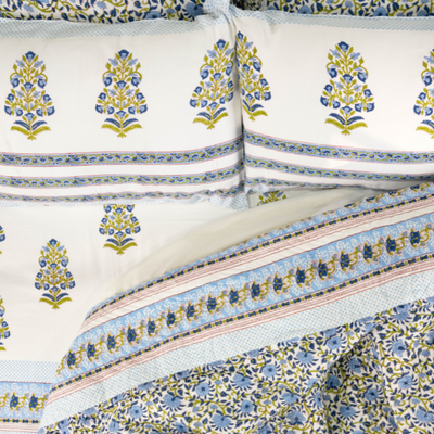 6 Pcs Reversible Design 100% Organic Cotton Quilt Set Floral Blue Blockprint Suitable For Queen, King And Super King Size Bed